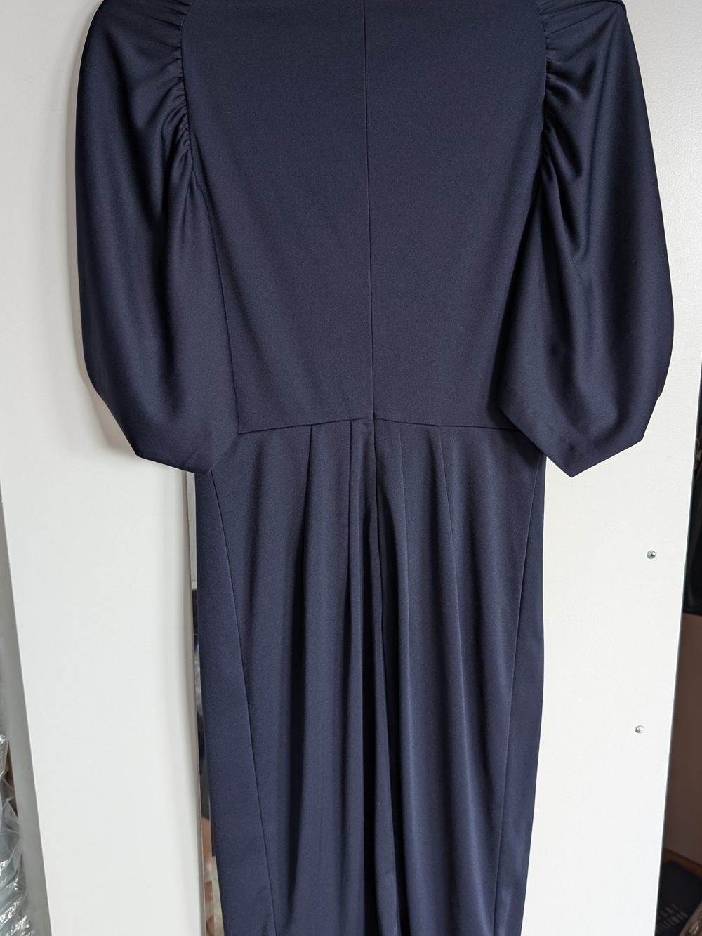 Prada 2018 Navy Blue Crepe Sablé Ruched Puff Sleeve Midi Dress IT 38 / US 2 - Picture 3 of 9